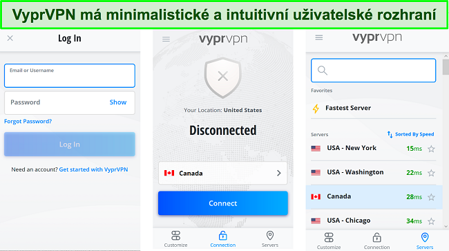 Snímky obrazovky uživatelského rozhraní aplikace VyprVPN