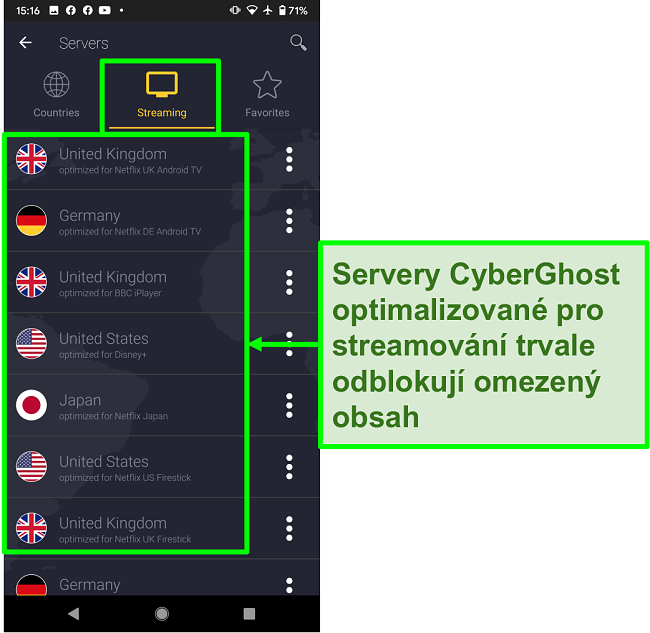 Screenshoty serverů CyberGhost optimalizovaných pro streamování