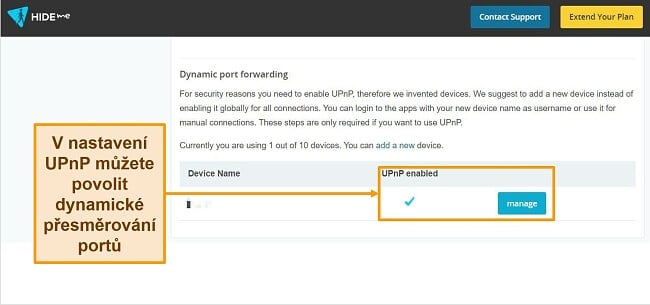 Snímek obrazovky nastavení dynamického přesměrování portů hide.me