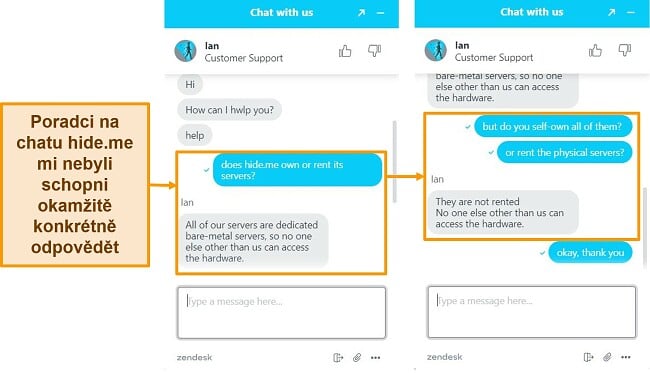 Snímky obrazovky živé konverzace s agentem hide.me
