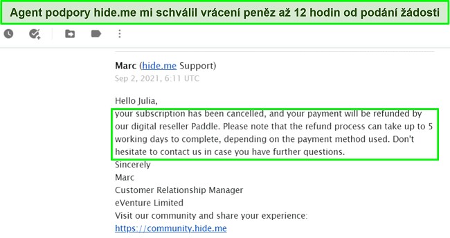 Snímek obrazovky e-mailu schvalujícího vrácení peněz od hide.me