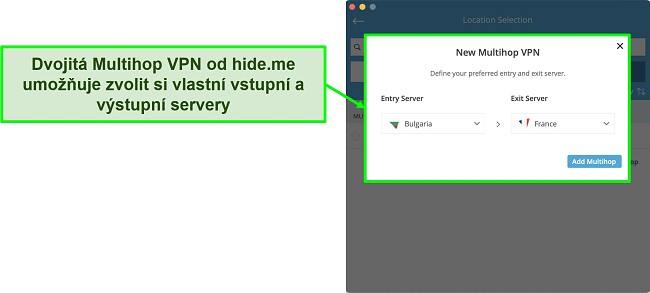Snímek obrazovky vytvoření dvojitého připojení Multihop VPN v aplikaci hide.me pro MacOS