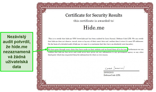 Snímek obrazovky bezpečnostního certifikátu uděleného serveru hide.me k potvrzení jeho zásady nelogování