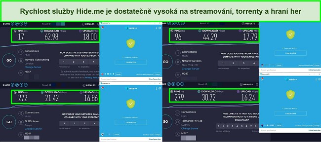 Screenshoty testů rychlosti provedených na 4 serverech hide.me