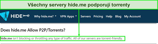 Snímek obrazovky s FAQ hide.me potvrzující, že VPN podporuje torrenting