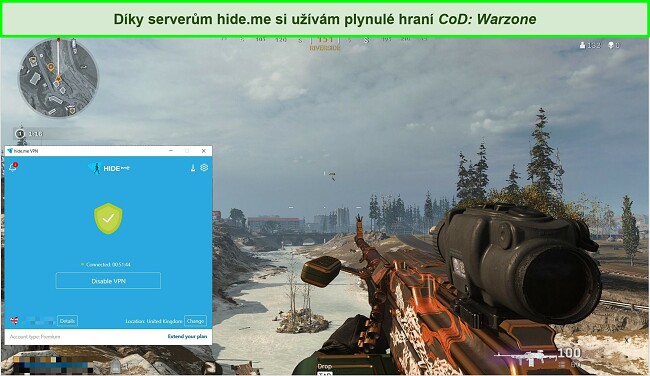 Snímek obrazovky ze hry Call of Duty: Warzone s připojením k serveru hide.me