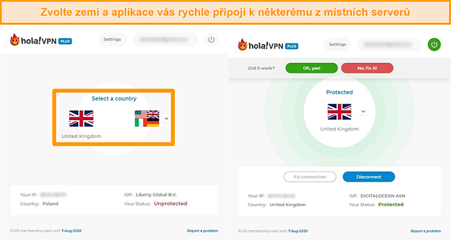 Screenshoty ukazující, jak se připojit k serveru konkrétní země v Hola VPN