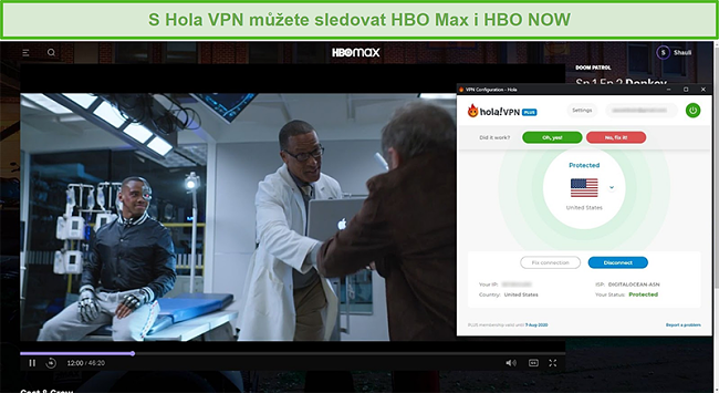 Screenshot z Hola VPN odblokování Doom Patrol na HBO Max
