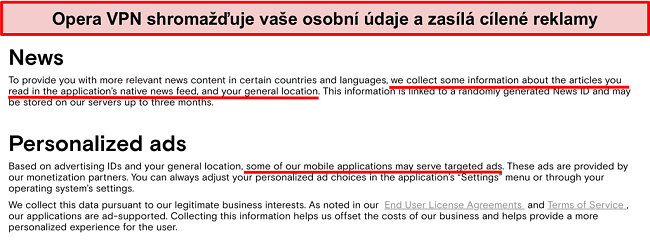 Snímek obrazovky zásad ochrany osobních údajů Opera VPN zobrazující protokolování osobních údajů uživatelů a odesílání cílených reklam