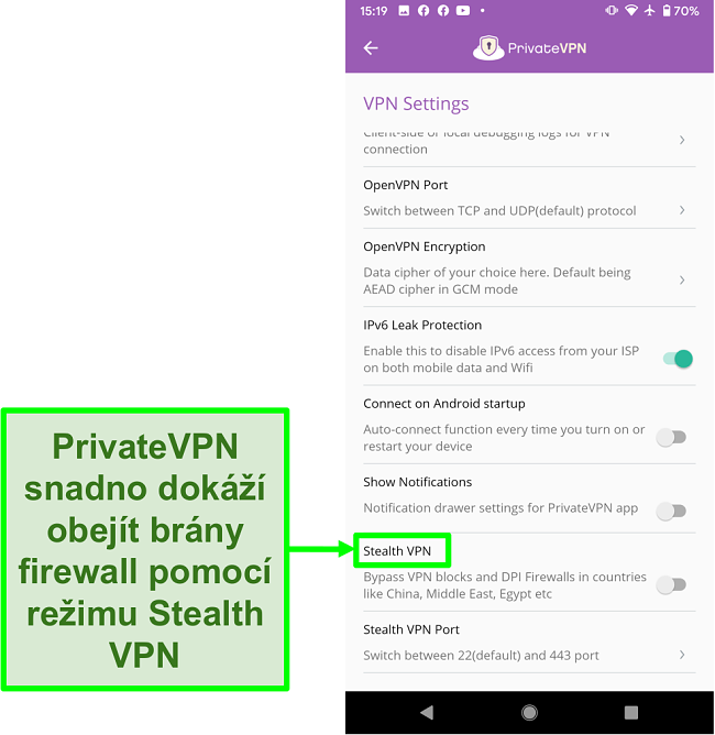 Screenshot aplikace PrivateVPN Android zobrazující funkci Stealth VPN, která pomáhá obejít bloky VPN