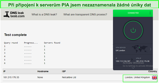 Snímek obrazovky úspěšného testu těsnosti PIA.