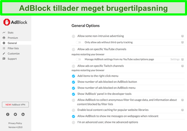 Skærmbillede, der viser AdBlocks mange tilpasningsmuligheder