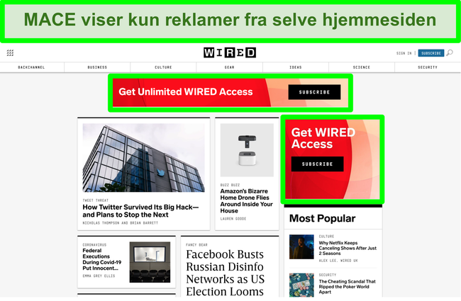 Skærmbillede af MACE, der blokerer for de fleste annoncer på Wired-webstedet