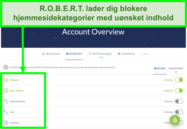 Skærmbillede af siden med Winscribe-indstillinger, der viser muligheder for at blokere annoncer, malware og kategorier af websteder