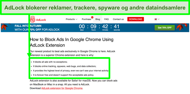 Skærmbillede af AdLock-webstedet med angivelse af, at det ikke har nogen 