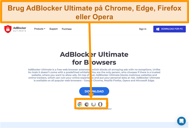 Skærmbillede af AdBlocker Ultimate-webstedet, der viser de 4 tilgængelige webbrowserudvidelser