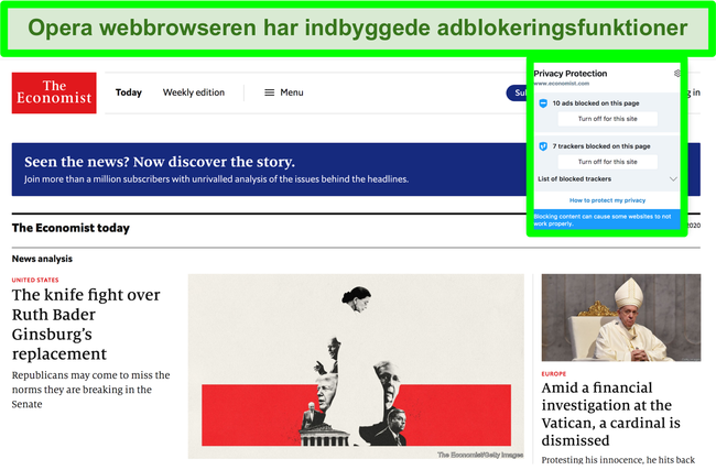 Skærmbillede af Opera Browers indbyggede annonceblokering, der fjerner annoncer fra TechCrunch-webstedet