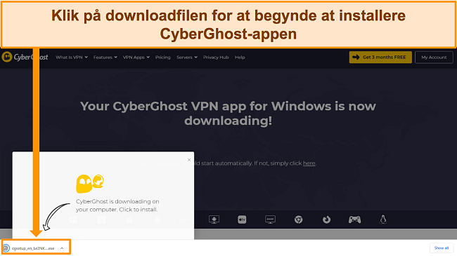 Skærmbillede af CyberGhost-appen, der downloades til en Windows-enhed.