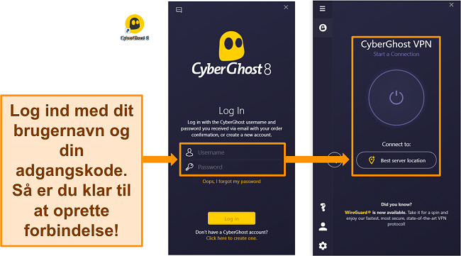 Skærmbillede af CyberGhosts Windows-app med brugernavn og adgangskodesektion fremhævet.