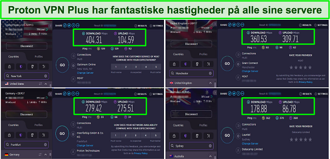 Skærmbillede af Proton VPN-hastighedstest, der viser servere i USA, Storbritannien, Tyskland og Australien