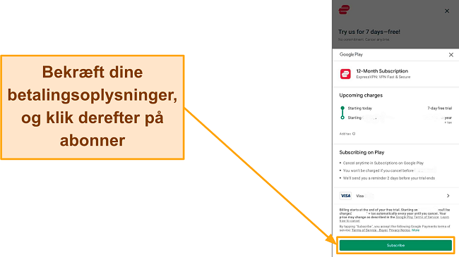 Skærmbillede af den endelige tilmeldingsbekræftelse på Google Play, med knappen Abonner fremhævet.