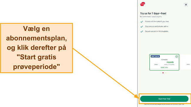 Skærmbillede af planvalgssiden med knappen 