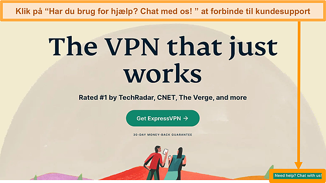 Skærmbillede af ExpressVPN -startsiden, der viser 24/7 Live Chat -knap på skrivebordet.