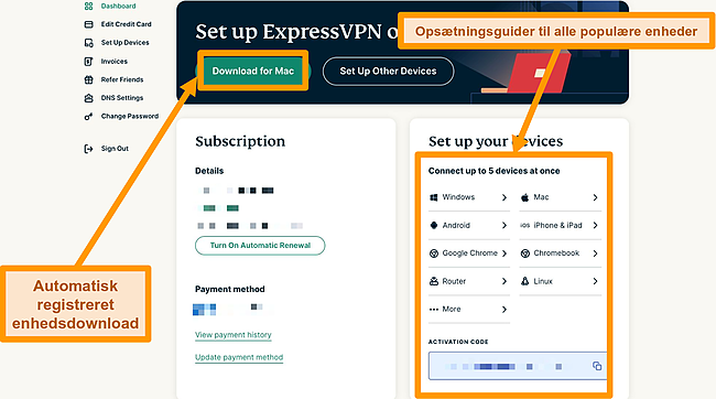 Skærmbillede af ExpressVPN Download til Mac -knapper og enhedsopsætningsguider.