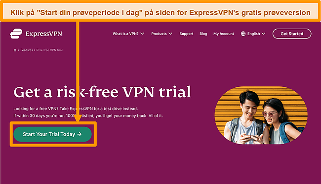 Skærmbillede af ExpressVPN Free Trial -side på skrivebordet.