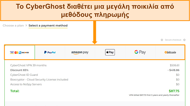 Αποκτήστε δωρεάν δοκιμή CyberGhost επιλέξτε έναν τρόπο πληρωμής