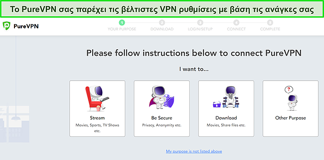 Στιγμιότυπο οθόνης προσαρμοσμένων επιλογών εγκατάστασης PureVPN για διαφορετικές χρήσεις VPN.