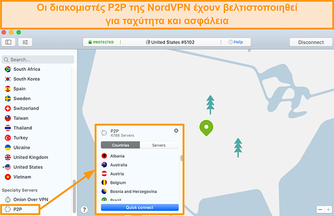 Στιγμιότυπο οθόνης των διακομιστών P2P του NordVPN στην εφαρμογή Mac
