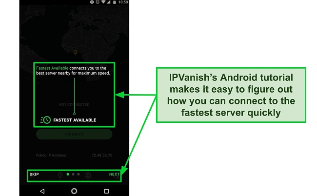 Screenshot of IPVanish's introductory tutorial on Android