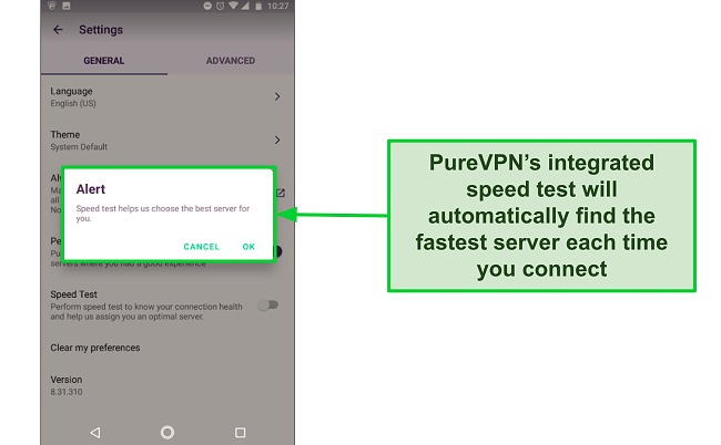 Screenshot of the Speed Test alert message in PureVPN's Android app