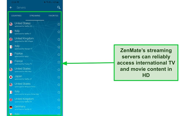 Screenshot of ZenMate's list of streaming-optimized servers on Android