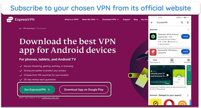 Screenshot of ExpressVPN's website and its Android app on Google Play Store