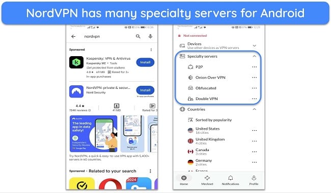 Screenshot of NordVPN's specialty servers on Android
