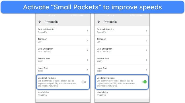 Screenshot of MTU Small Packet option on PIA's Android app