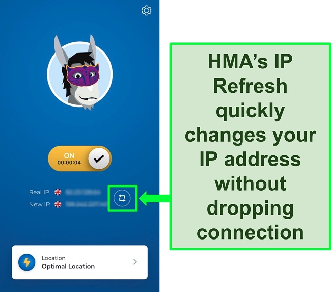 Screenshot of HMA's IP Refresh feature
