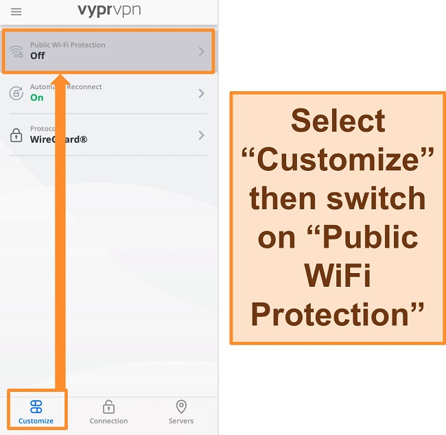 Screenshot of VyprVPN's Public WiFi Protection setting
