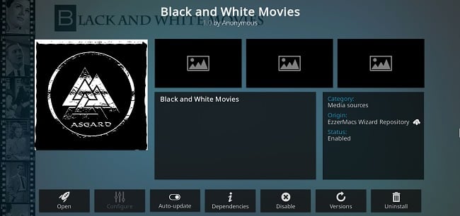 Screenshot of Kodi add-on Black and White Movies