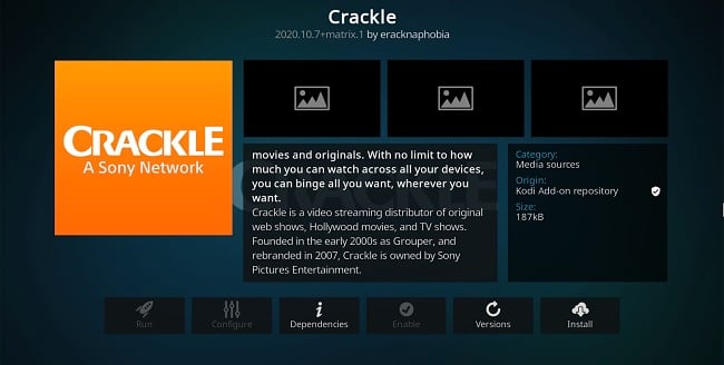 Schermopname van de Kodi-add-on Crackle