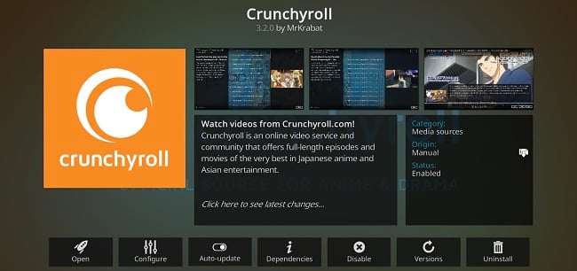 Snímek obrazovky s doplňkem pro Kodi Crunchyroll