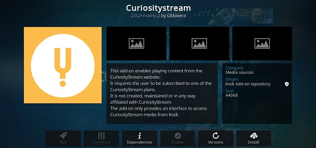 Captura de pantalla de la extensión de Kodi CuriosityStream