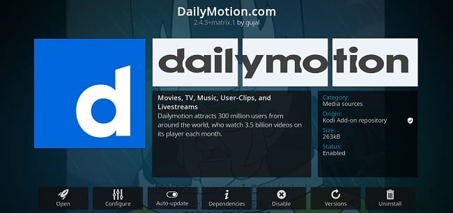 Screenshot of Kodi add-on DailyMotion