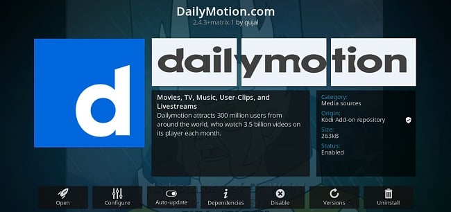 Snímek obrazovky s doplňkem pro Kodi DailyMotion