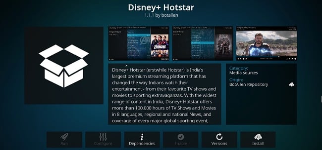 Schermopname van de Kodi-add-on Disney+ Hotstar