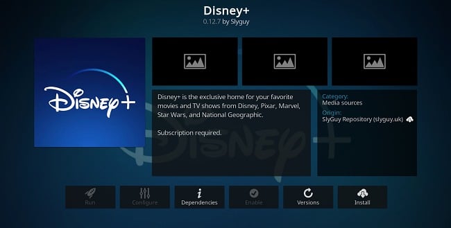 Slyguy tarafından yapılan Disney+ Kodi eklentisinin ekran görüntüsü