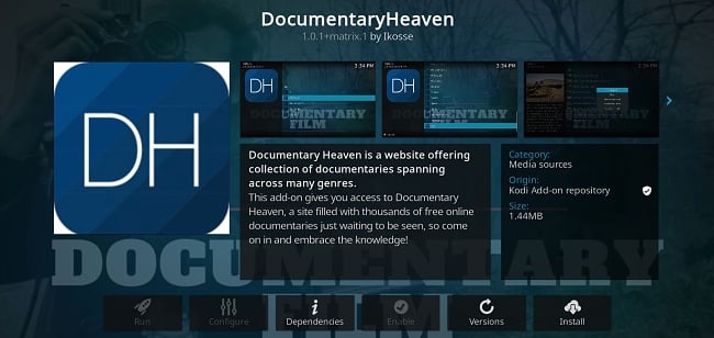 Captura de pantalla de la extensión de Kodi DocumentaryHeaven