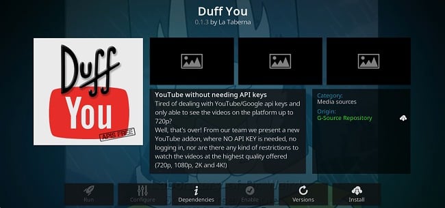 Screenshot of Kodi add-on Duff You